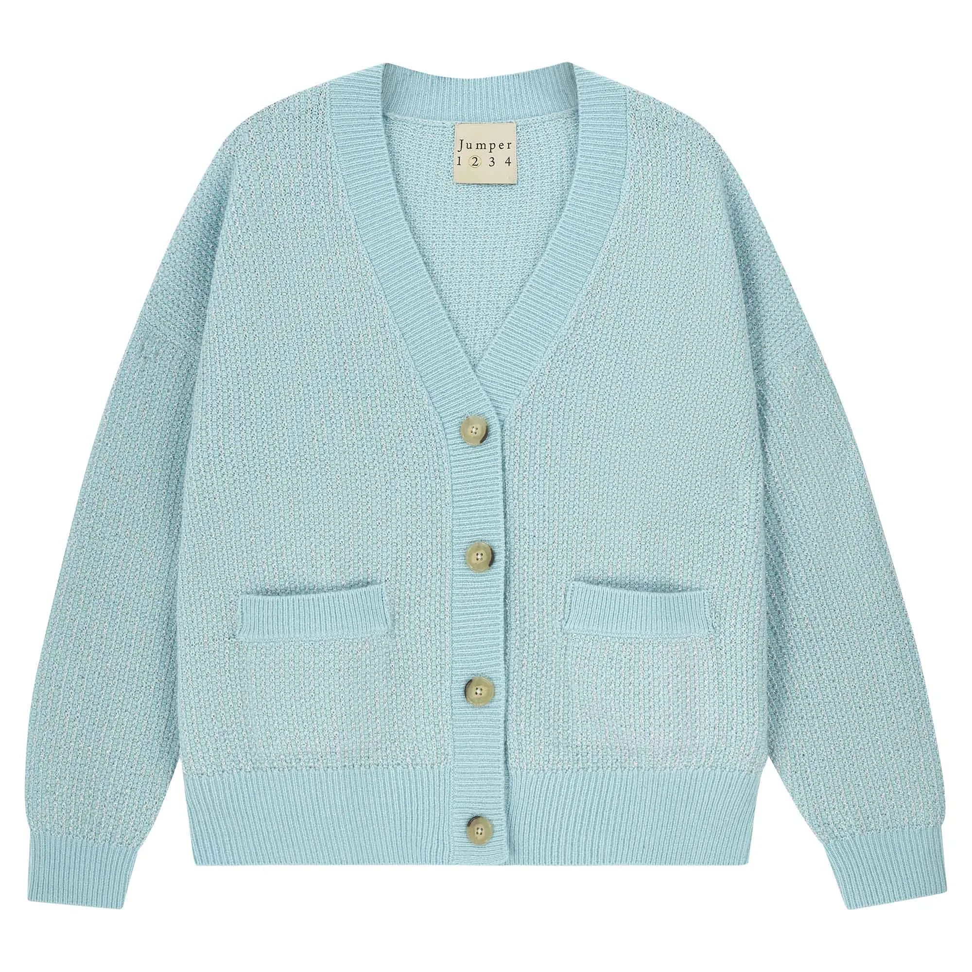 Cashmere Wool Lurex Birdseye Cardigan in Aqua and Silver sold by Jumper 1234