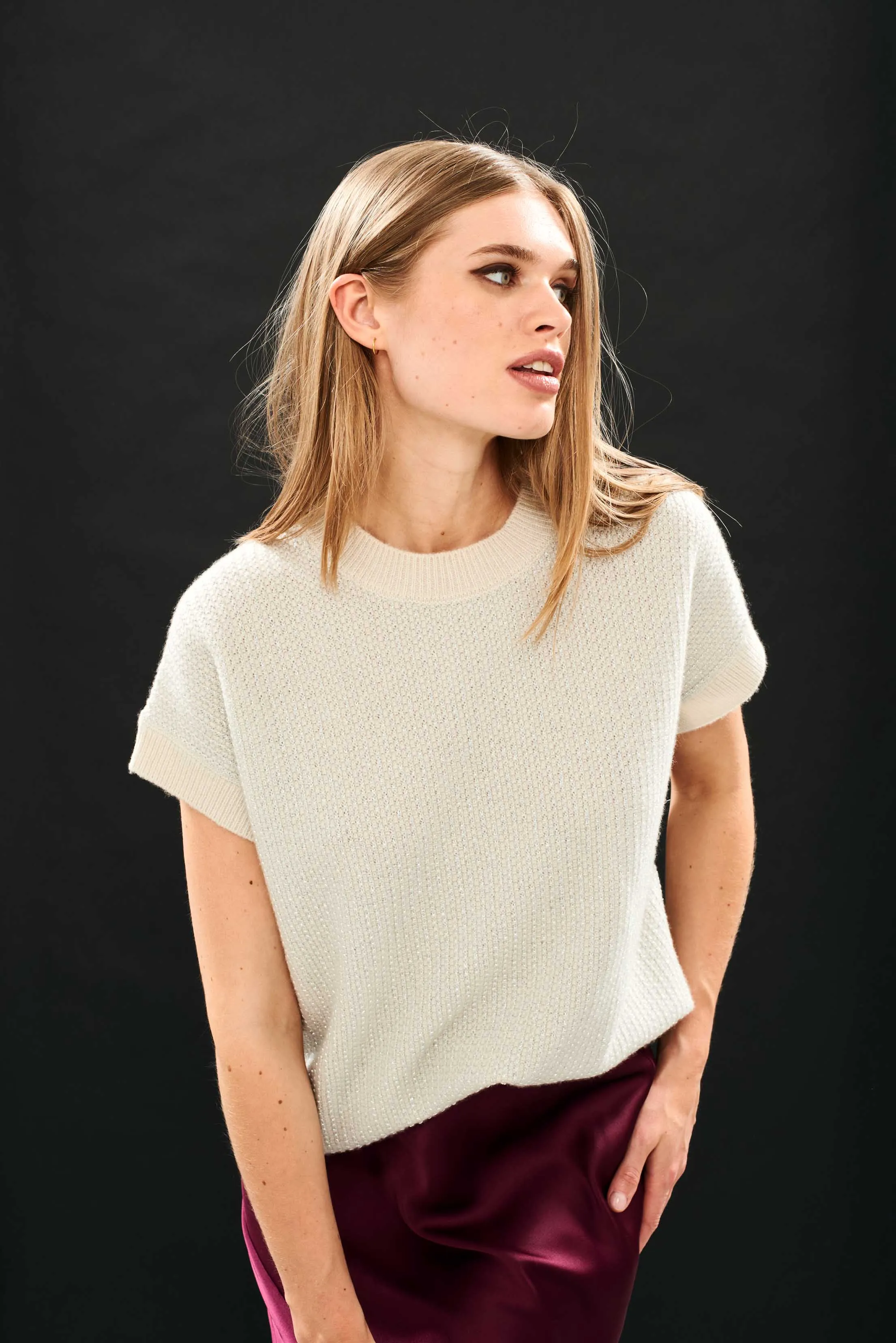 Cashmere Wool Lurex Birdseye Tank in Stone and Silver sold by Jumper 1234 product image thumbnail 2