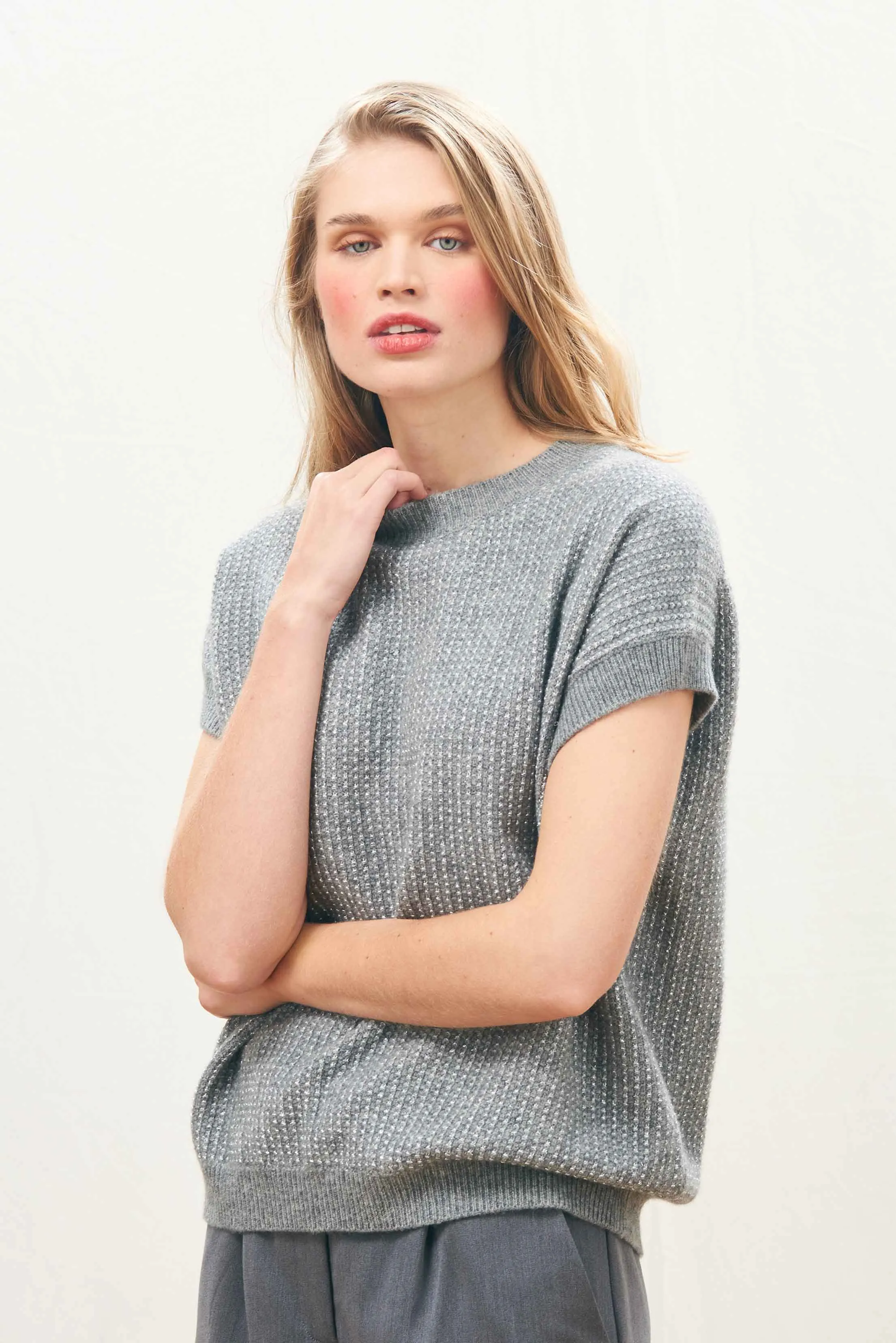 Cashmere Wool Lurex Birdseye Tank in Mid Grey and Silver sold by Jumper 1234 product image thumbnail 2