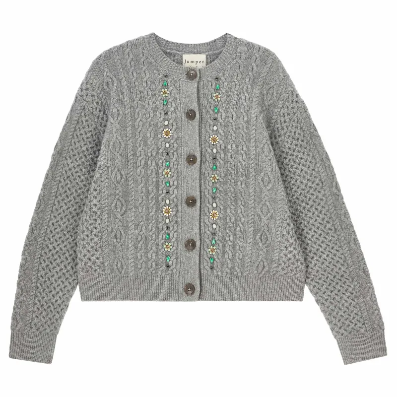 Cashmere Wool Jewel Cable Cardigan in Mid Grey sold by Jumper 1234