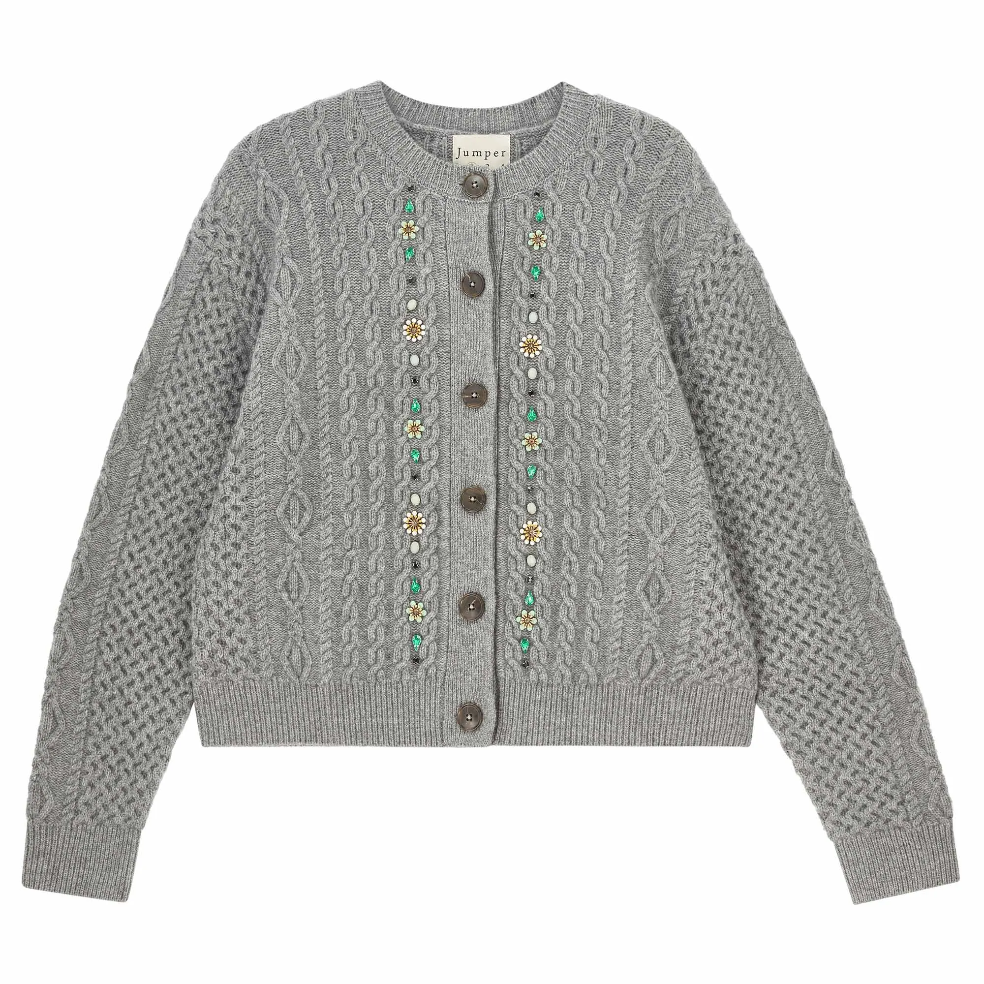 Cashmere Wool Jewel Cable Cardigan in Mid Grey sold by Jumper 1234