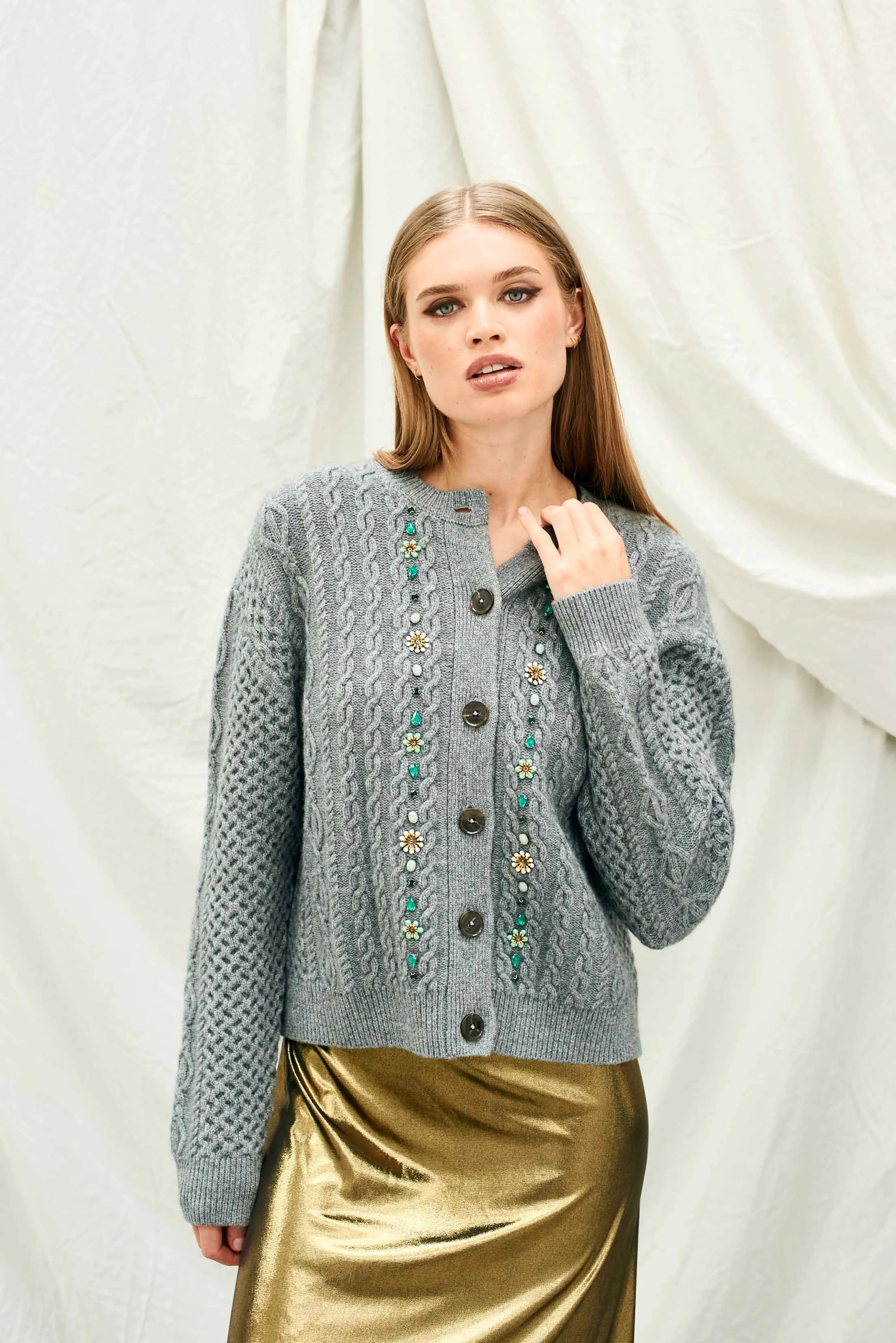 Cashmere Wool Jewel Cable Cardigan in Mid Grey sold by Jumper 1234 product image thumbnail 2
