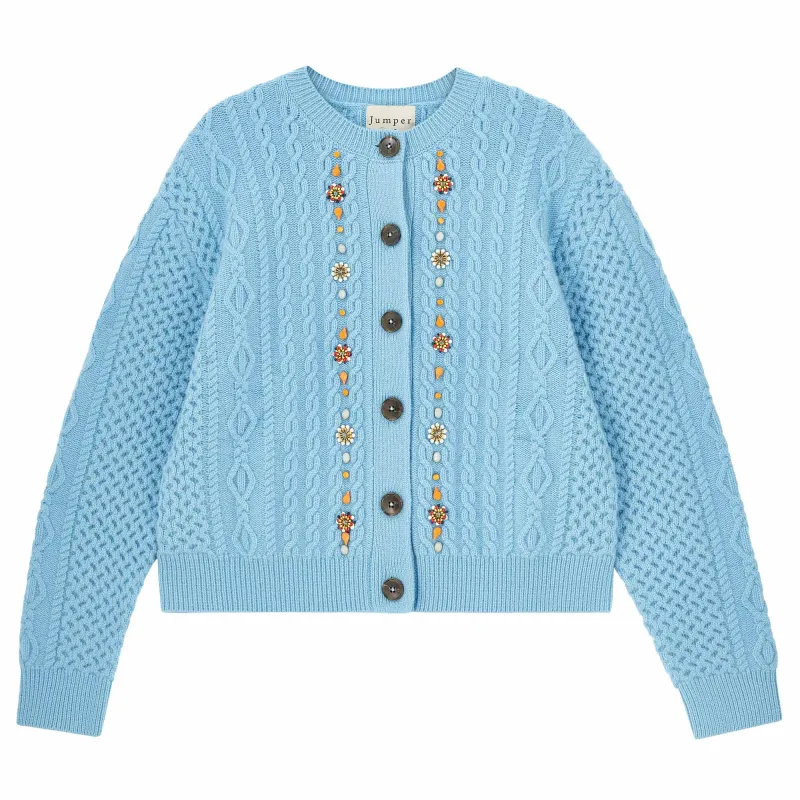 Cashmere Wool Jewel Cable Cardigan in Aqua sold by Jumper 1234