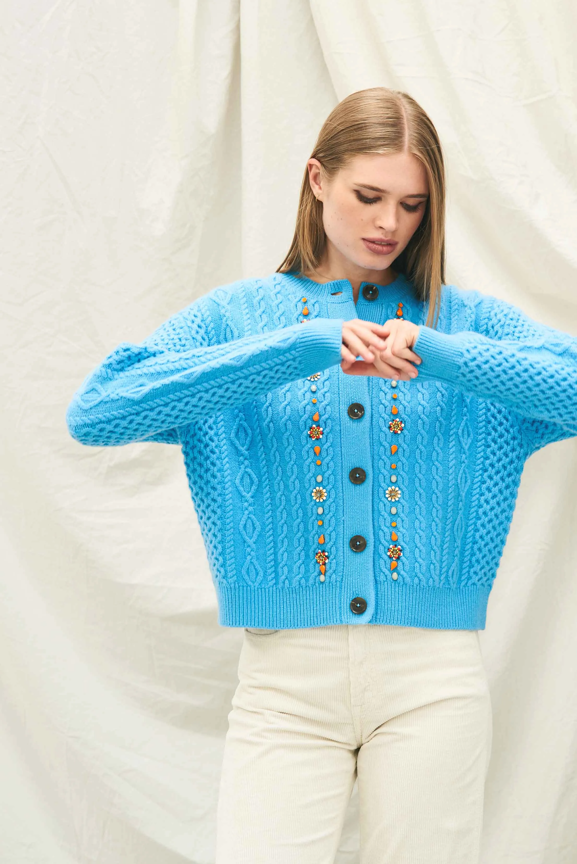 Cashmere Wool Jewel Cable Cardigan in Aqua sold by Jumper 1234 product image thumbnail 2