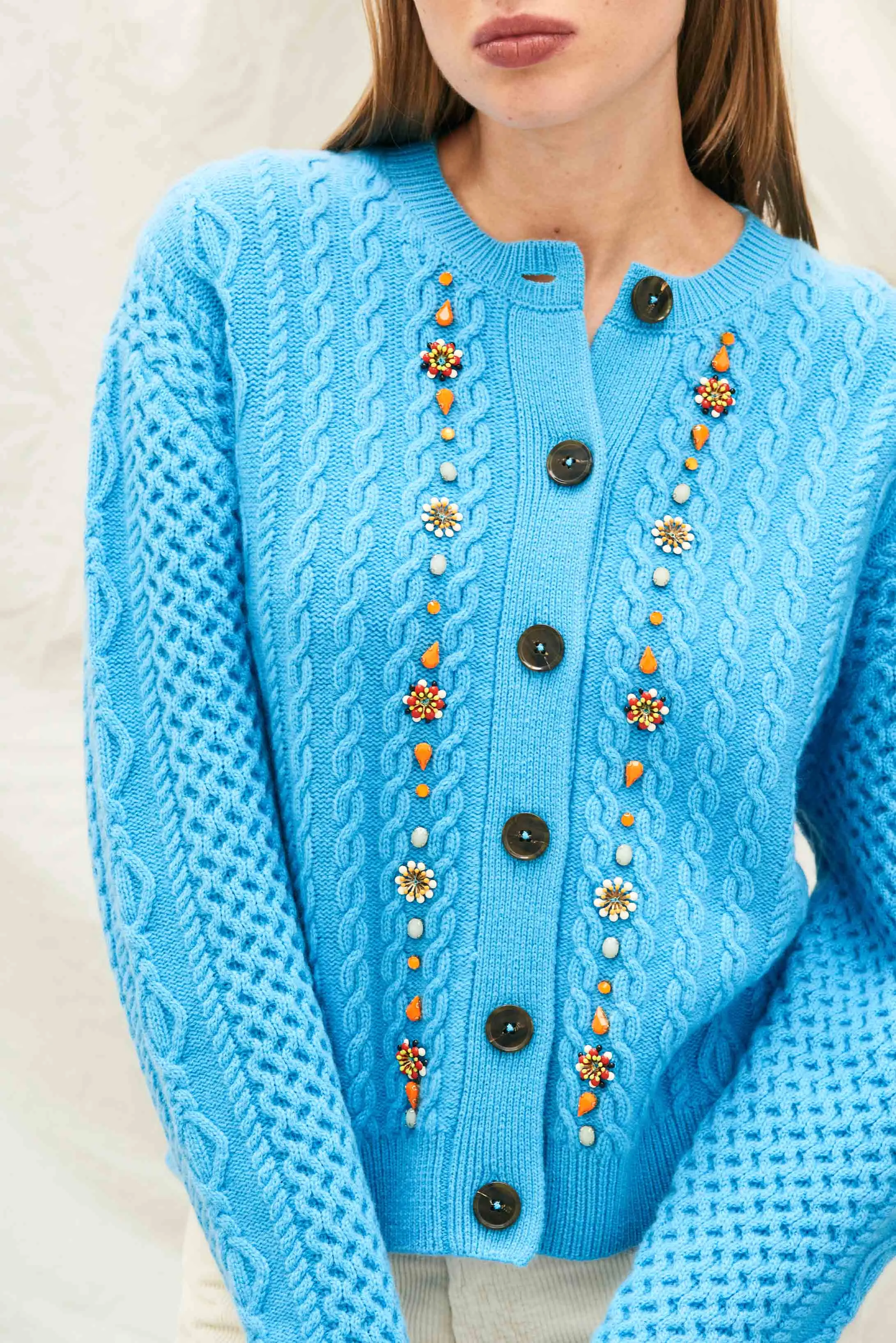 Cashmere Wool Jewel Cable Cardigan in Aqua sold by Jumper 1234 product image thumbnail 3