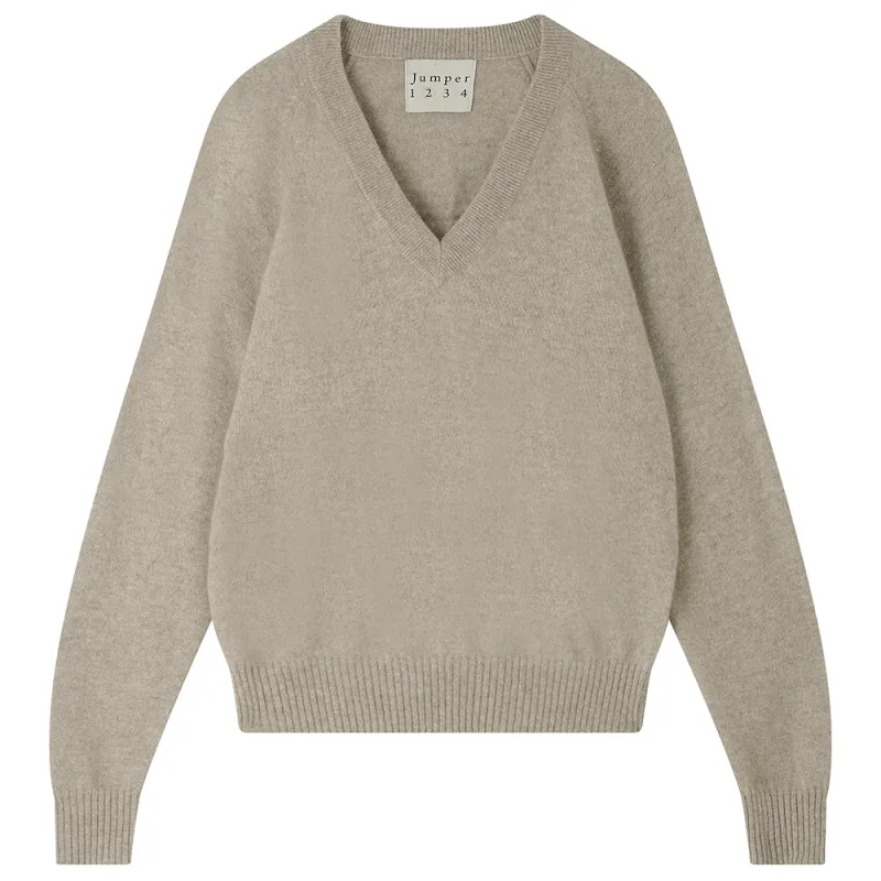 Cashmere Raglan Vee Neck in Organic Light Brown sold by Jumper 1234