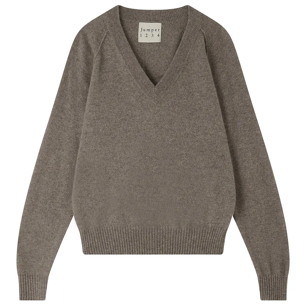Cashmere Raglan Vee Neck in Moose sold by Jumper 1234