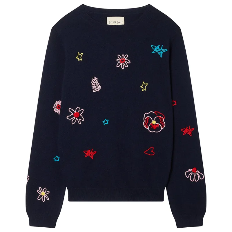 Cashmere Floral Tribute Crew in Navy made by Jumper 1234