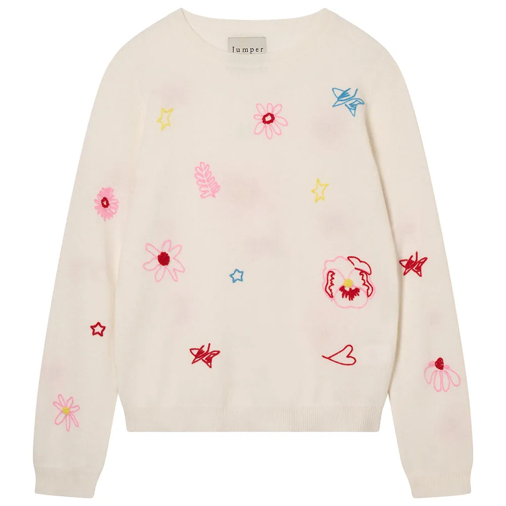 Cashmere Floral Tribute Crew in Cream sold by Jumper 1234