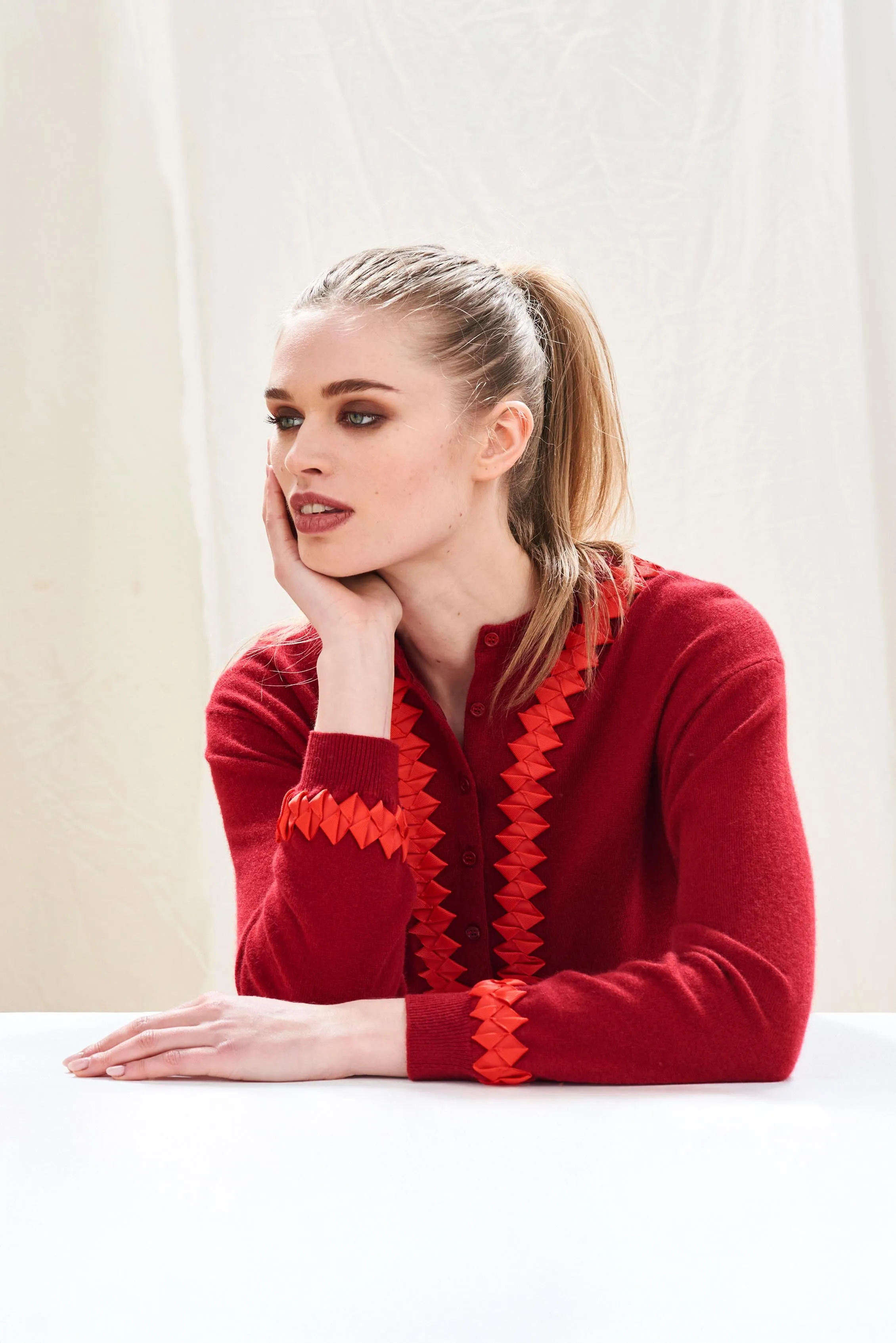 Cashmere Wool Twisted Ribbon Cardigan in Dark Red sold by Jumper 1234 product image thumbnail 2
