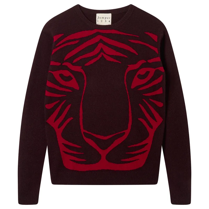 Cashmere Wool Tiger Crew in Dark Brown and Red sold by Jumper 1234