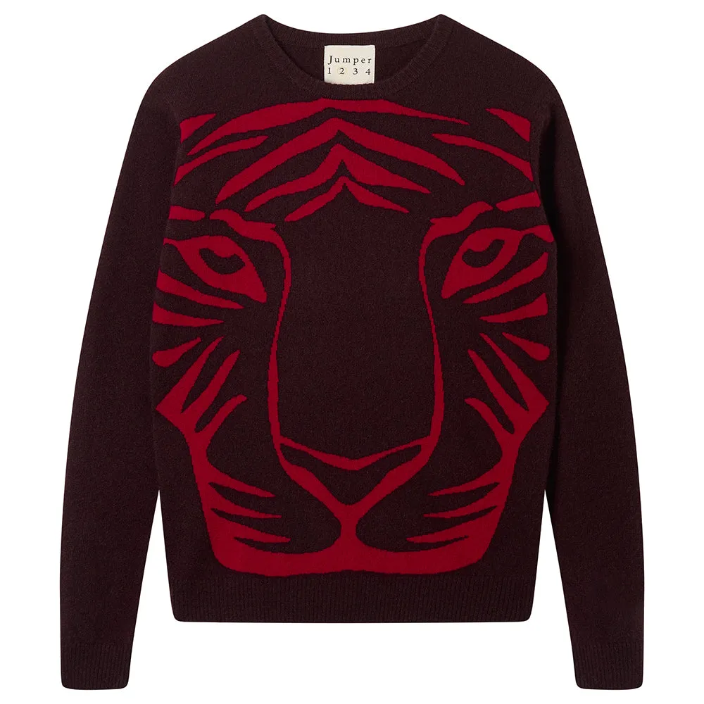 Cashmere Wool Tiger Crew in Dark Brown and Red sold by Jumper 1234