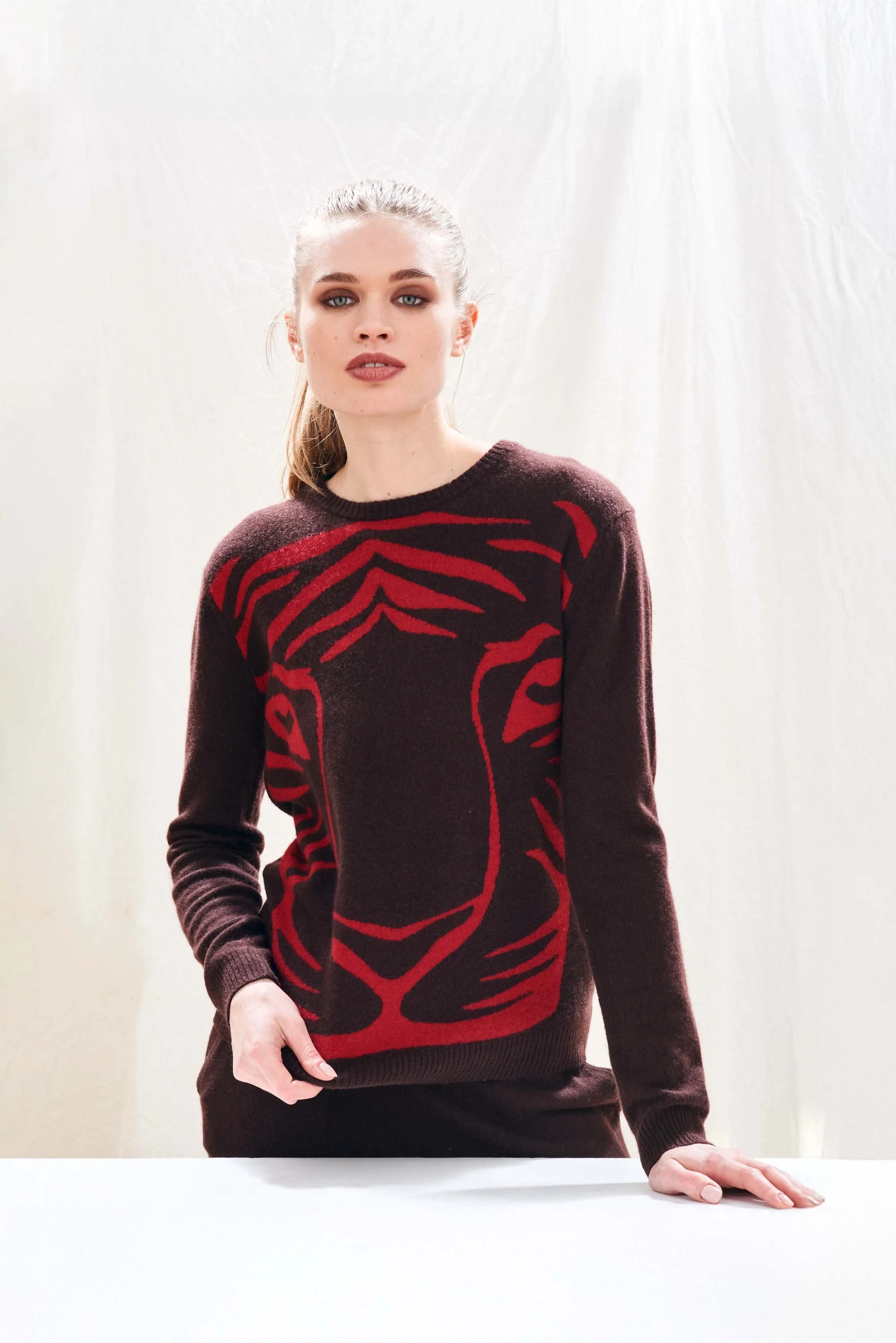 Cashmere Wool Tiger Crew in Dark Brown and Red sold by Jumper 1234 product image thumbnail 2