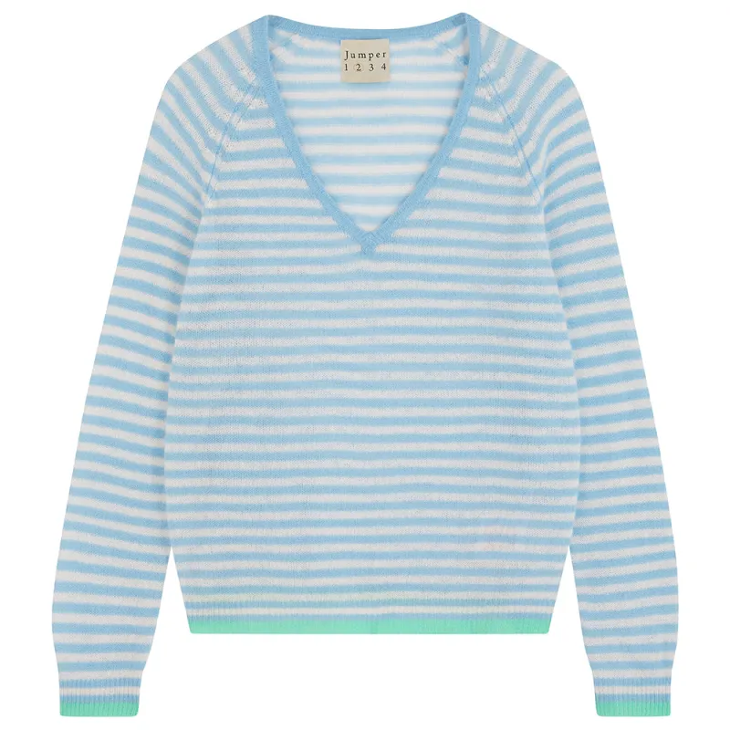 Cashmere Oversized Little Stripe Vee in Blue sold by Jumper 1234