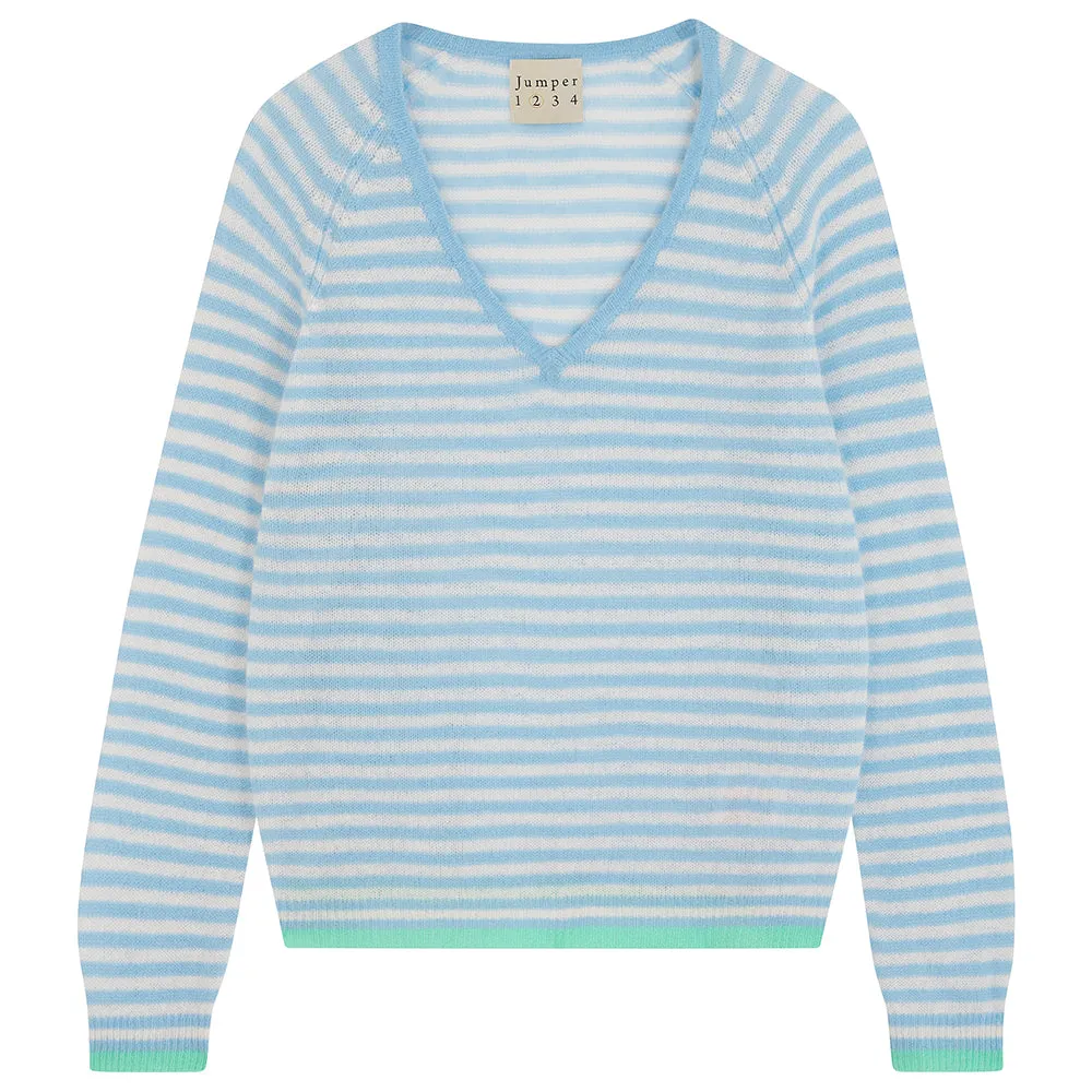 Cashmere Oversized Little Stripe Vee in Blue sold by Jumper 1234