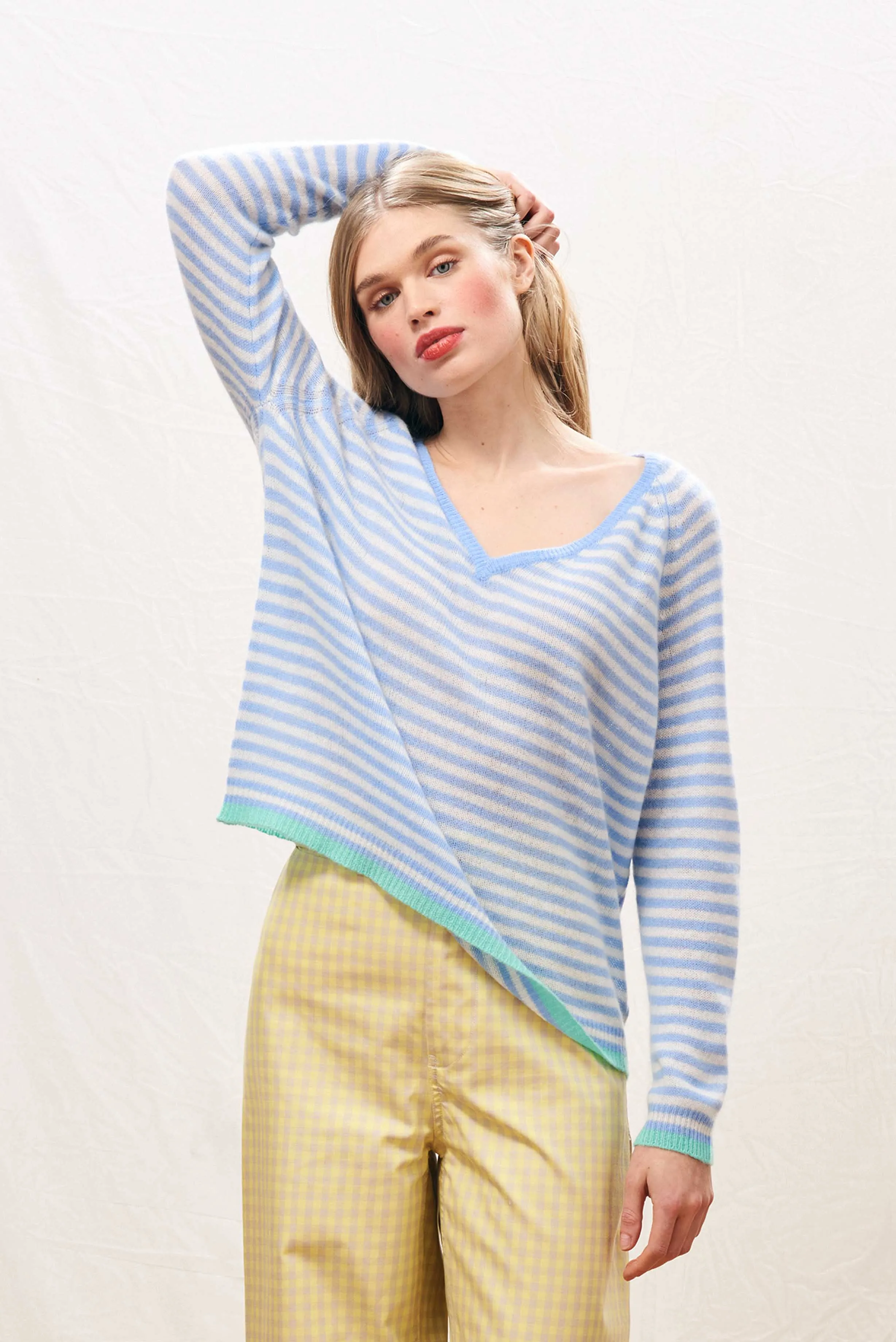 Cashmere Oversized Little Stripe Vee in Blue sold by Jumper 1234 product image thumbnail 3