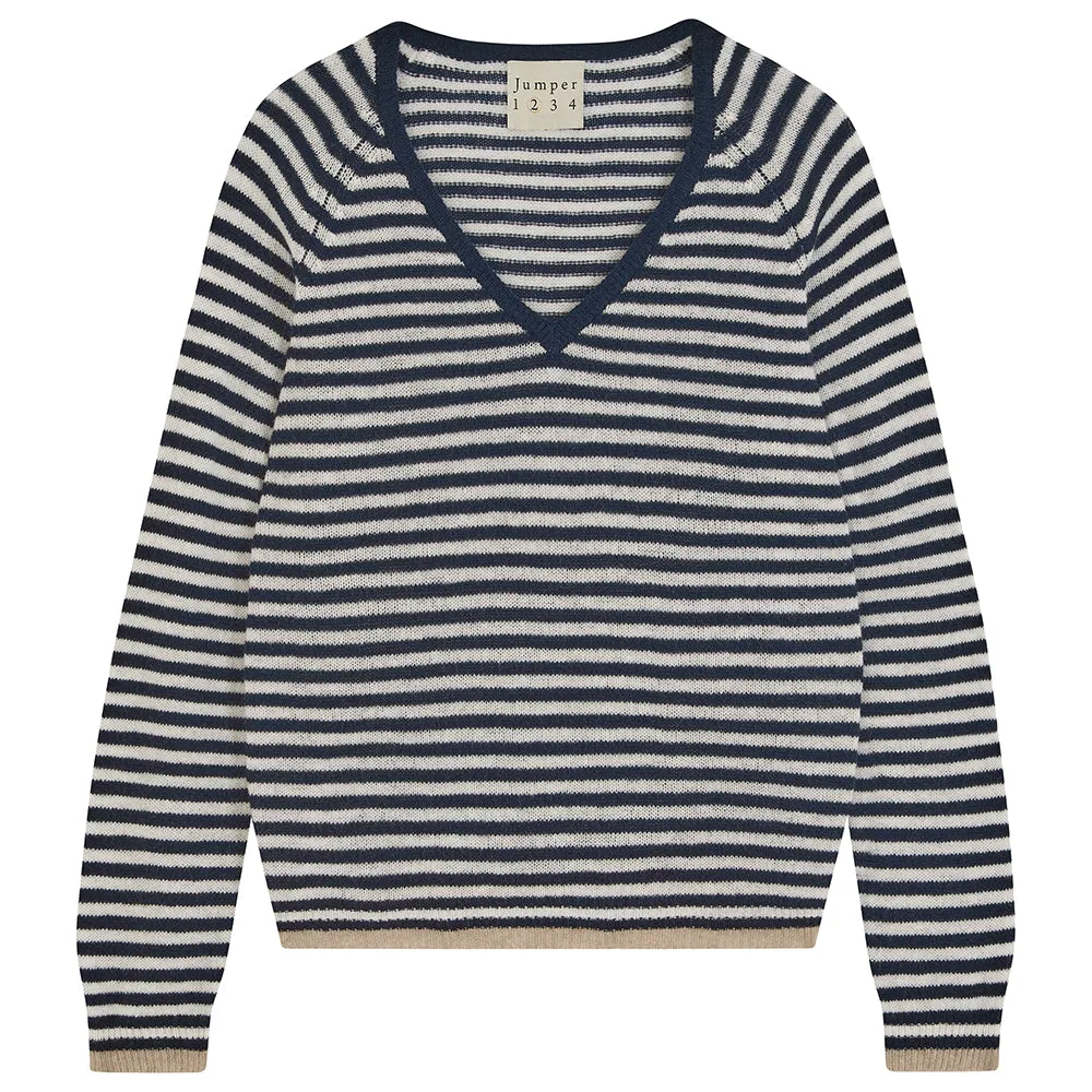 Cashmere Oversized Little Stripe Vee in Navy sold by Jumper 1234