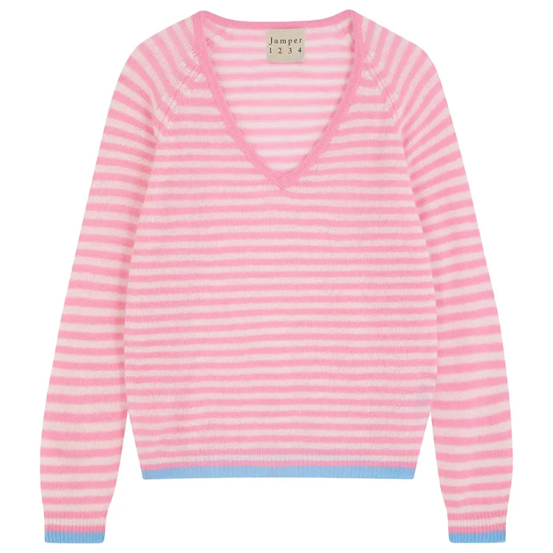 Cashmere Oversized Little Stripe Vee in Pink sold by Jumper 1234