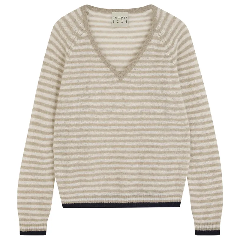 Cashmere Oversized Little Stripe Vee in Organic Light Brown sold by Jumper 1234