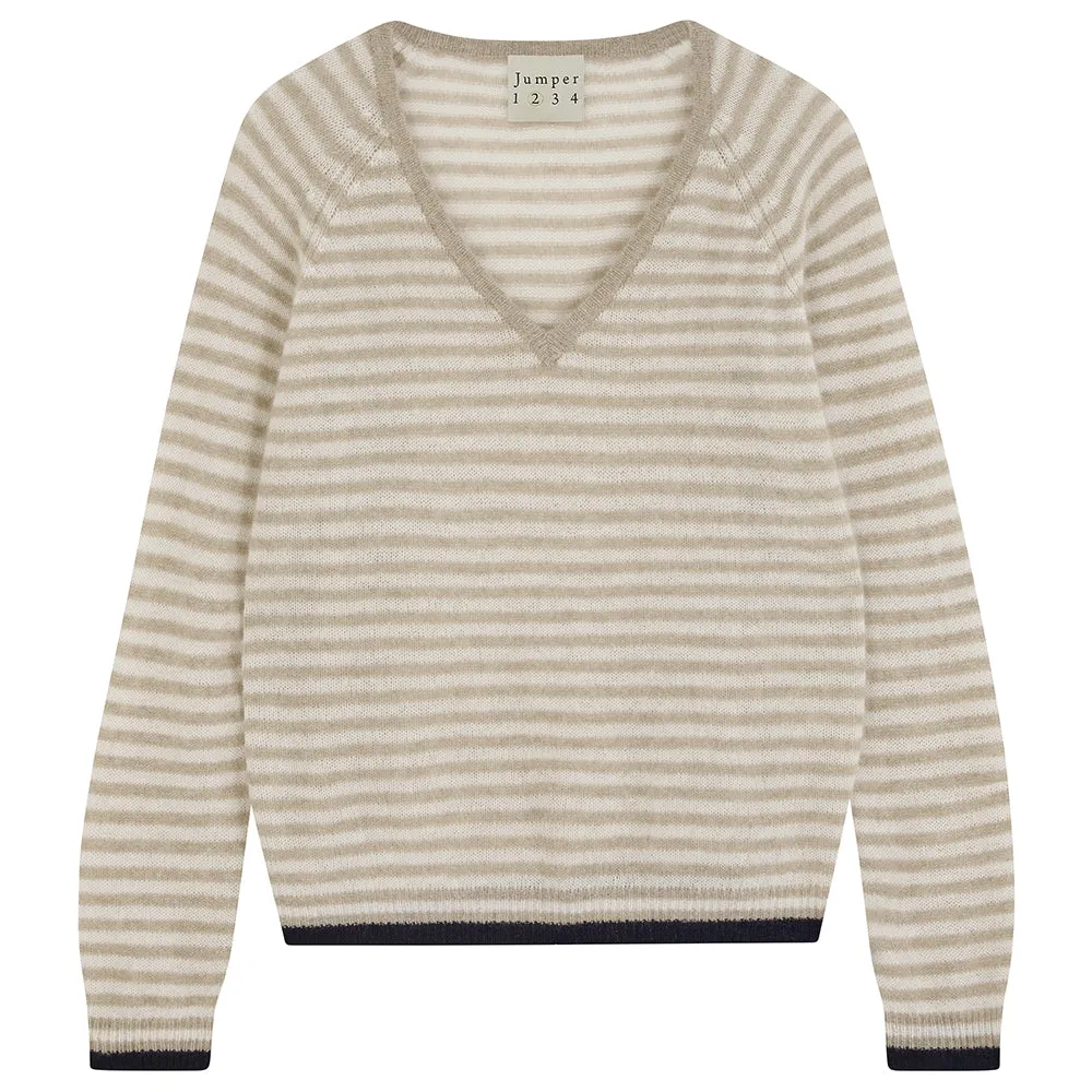 Cashmere Oversized Little Stripe Vee in Organic Light Brown sold by Jumper 1234