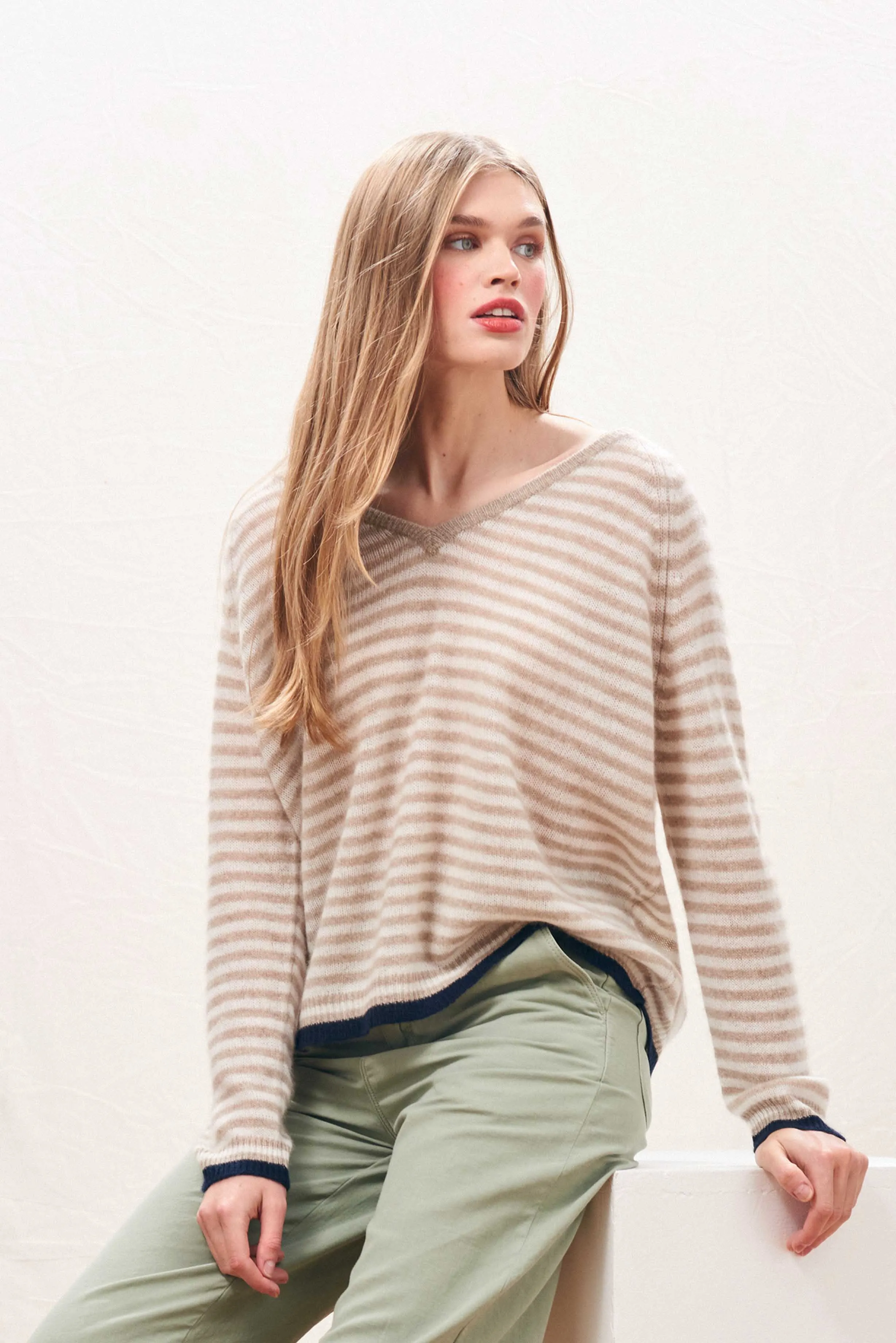 Cashmere Oversized Little Stripe Vee in Organic Light Brown sold by Jumper 1234 product image thumbnail 2