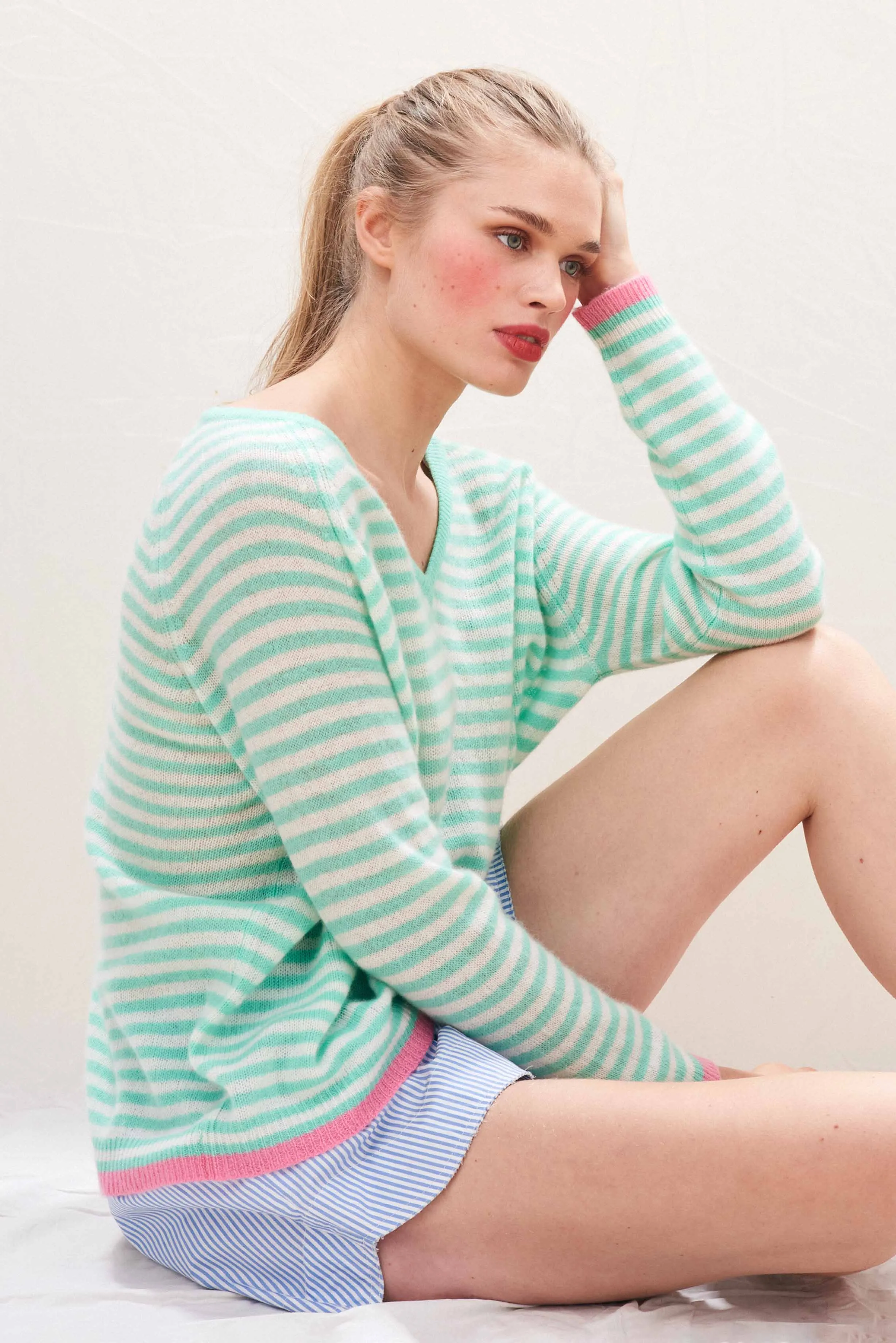 Cashmere Oversized Little Stripe Vee in Green sold by Jumper 1234 product image thumbnail 2