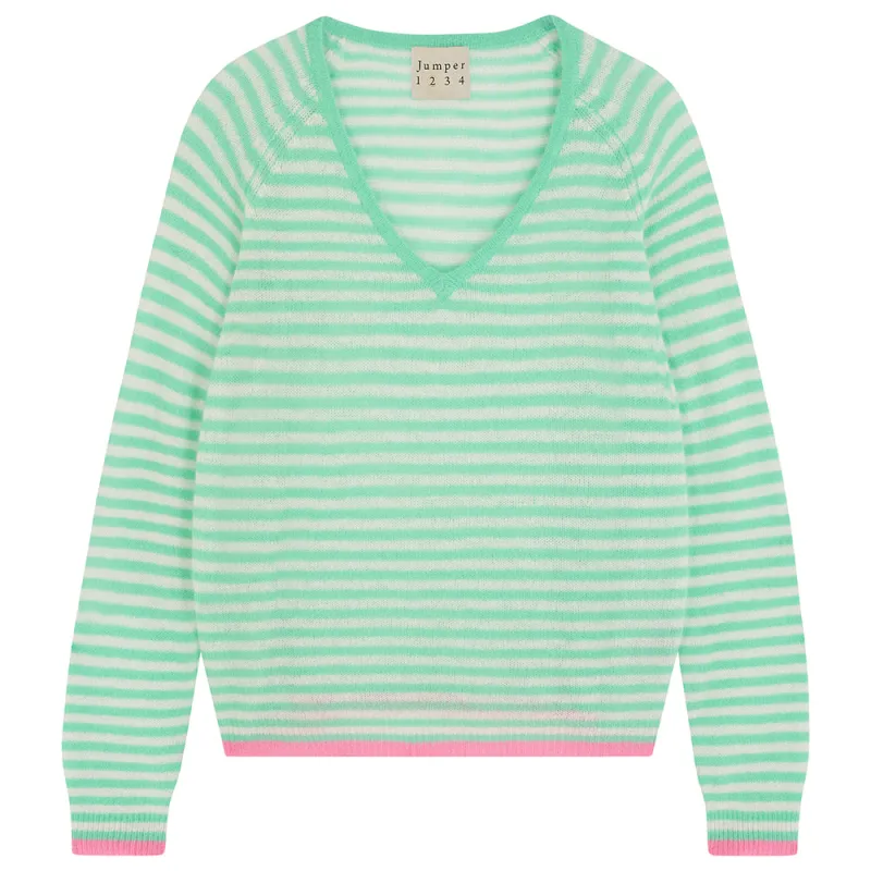 Cashmere Oversized Little Stripe Vee in Green sold by Jumper 1234