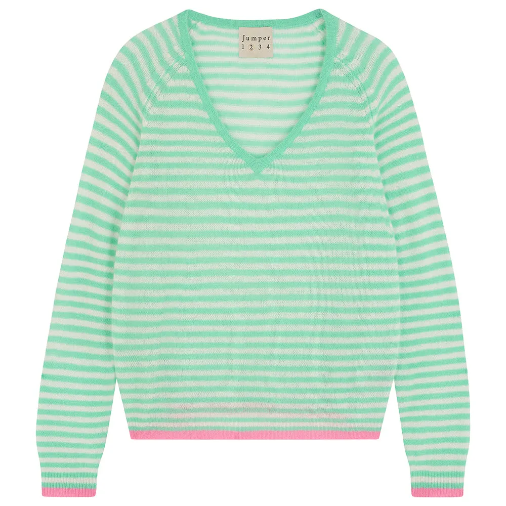 Cashmere Oversized Little Stripe Vee in Green sold by Jumper 1234