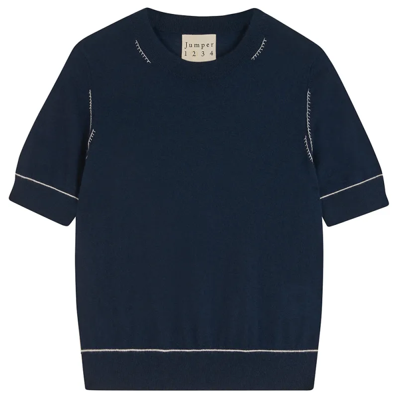 Cashmere Contrast Stitch T Shirt in Navy sold by Jumper 1234