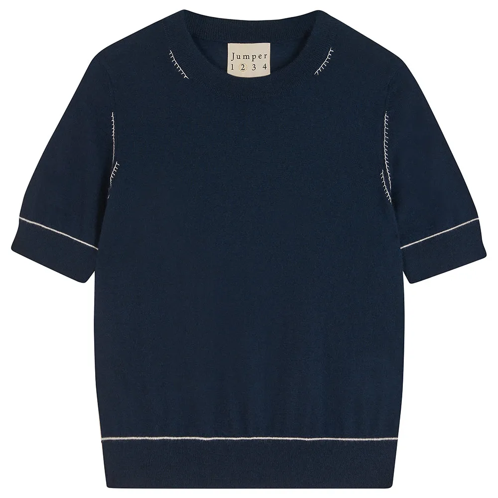 Cashmere Contrast Stitch T Shirt in Navy sold by Jumper 1234
