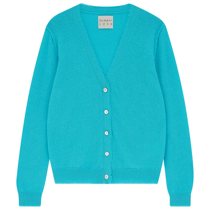Cashmere Distressed Vee Cardigan in Turquoise sold by Jumper 1234