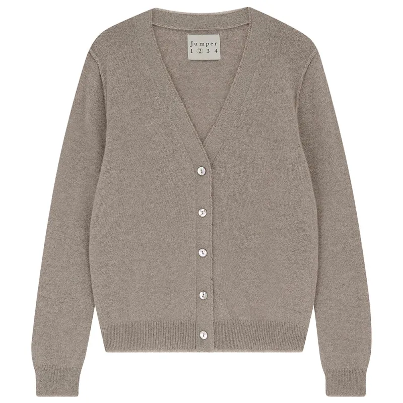 Cashmere Distressed Vee Cardigan in Organic Light Brown sold by Jumper 1234