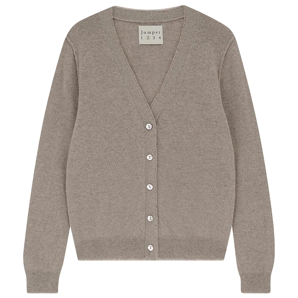 Cashmere Distressed Vee Cardigan in Organic Light Brown sold by Jumper 1234