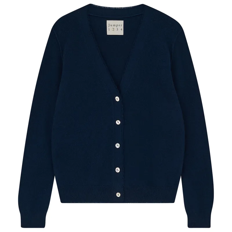Cashmere Distressed Vee Cardigan in Navy sold by Jumper 1234