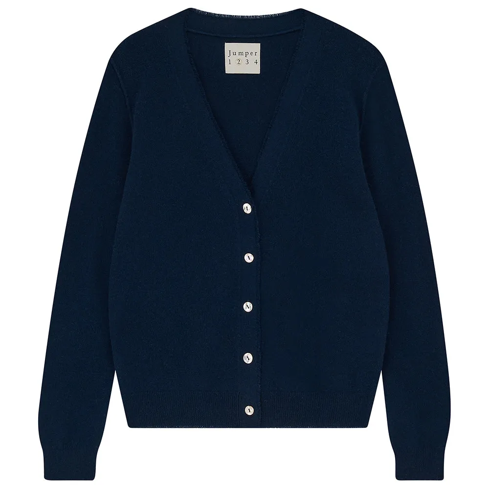 Cashmere Distressed Vee Cardigan in Navy sold by Jumper 1234