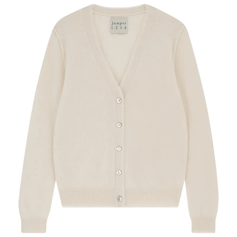 Cashmere Distressed Vee Cardigan in Oatmeal sold by Jumper 1234