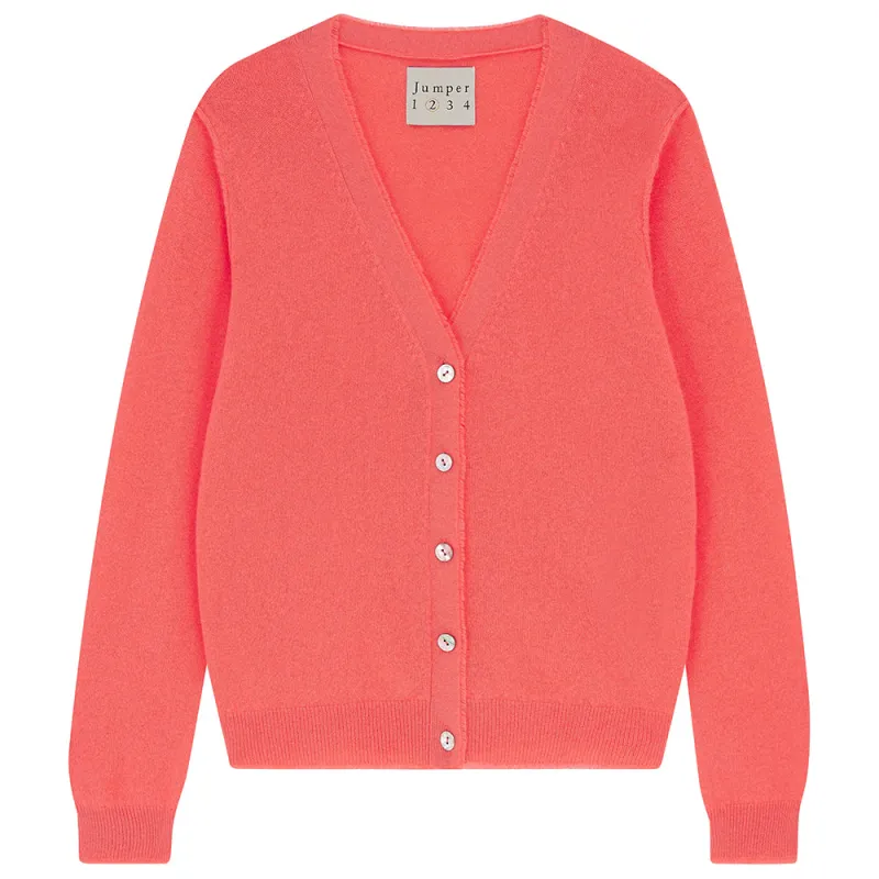 Cashmere Distressed Vee Cardigan in Coral sold by Jumper 1234