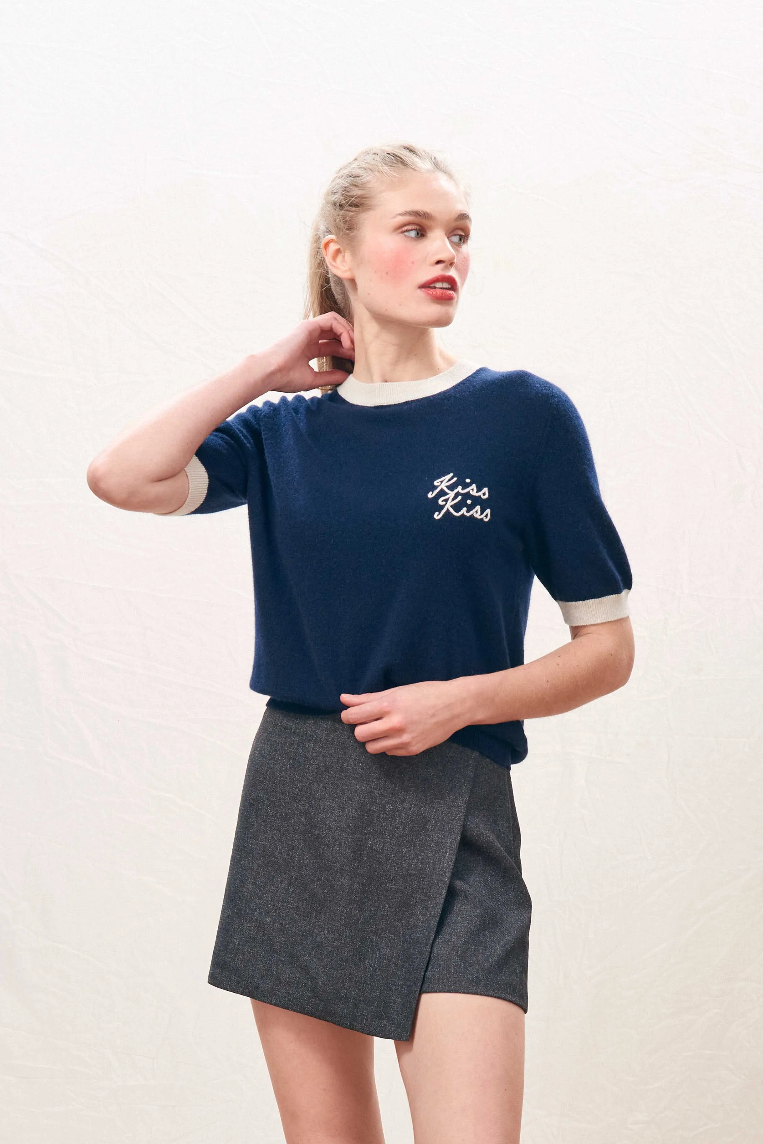 Cashmere Kiss Kiss Short Sleeve Crew in Navy sold by Jumper 1234 product image thumbnail 2