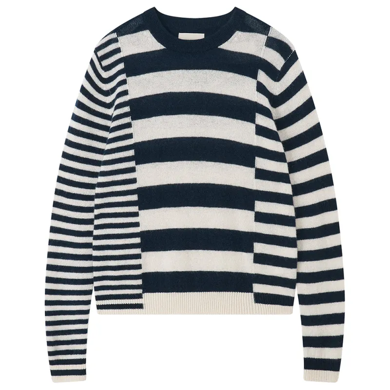 Cashmere Cut Up Stripe Crew in Navy and Cream made by Jumper 1234