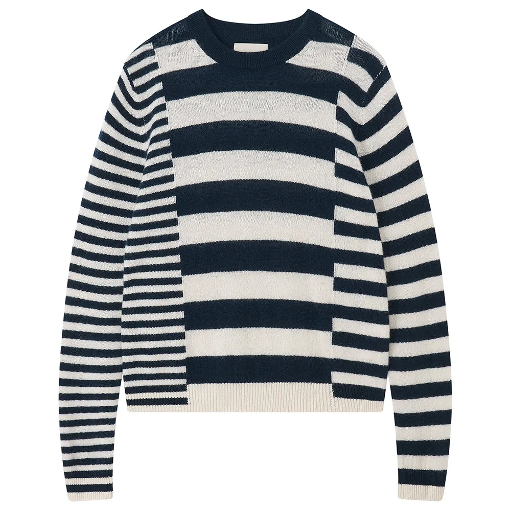 Cashmere Cut Up Stripe Crew in Navy and Cream sold by Jumper 1234