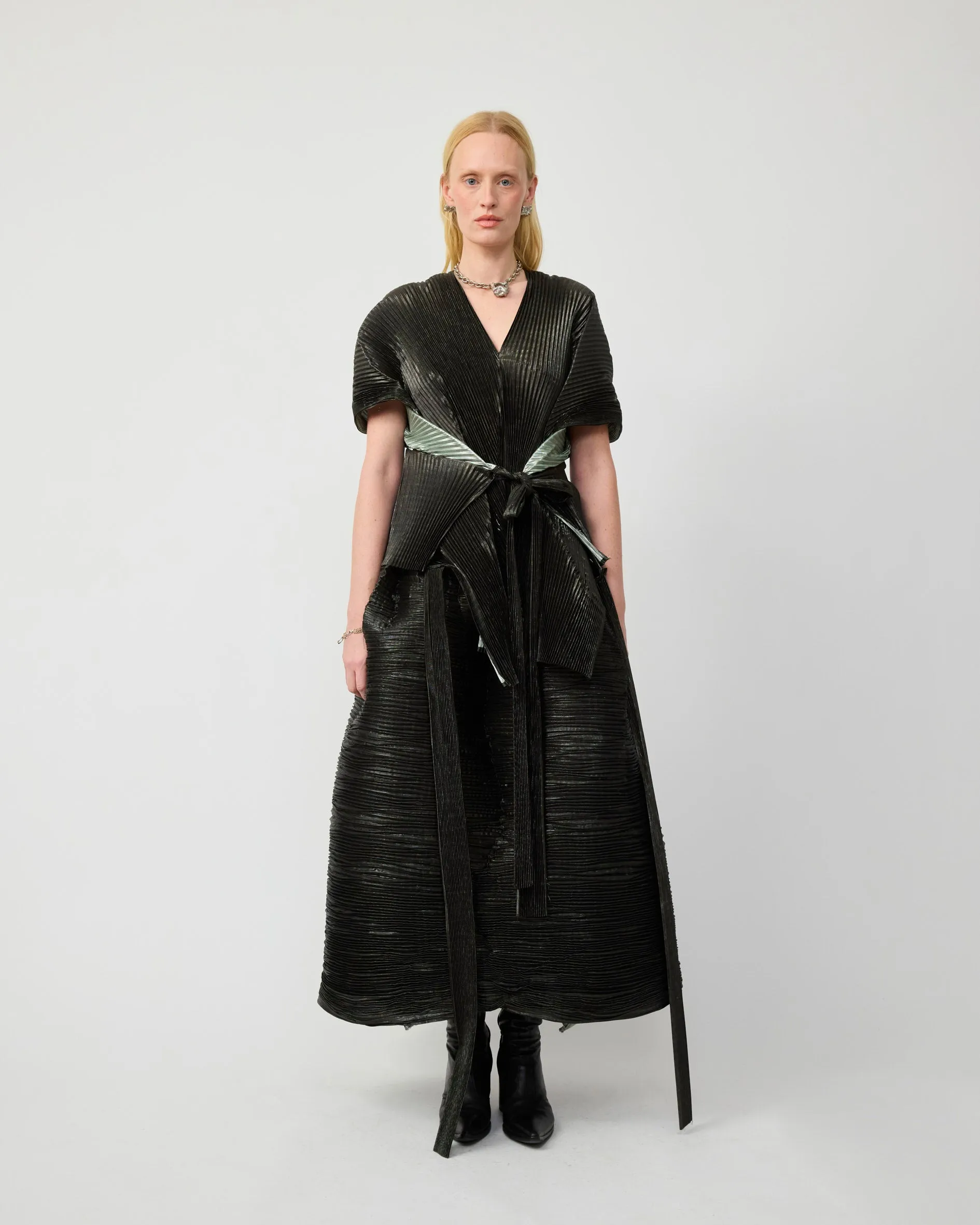 EDGAR PLEATED PONCHO IN MOSS METALLIC sold by Julia Heuer