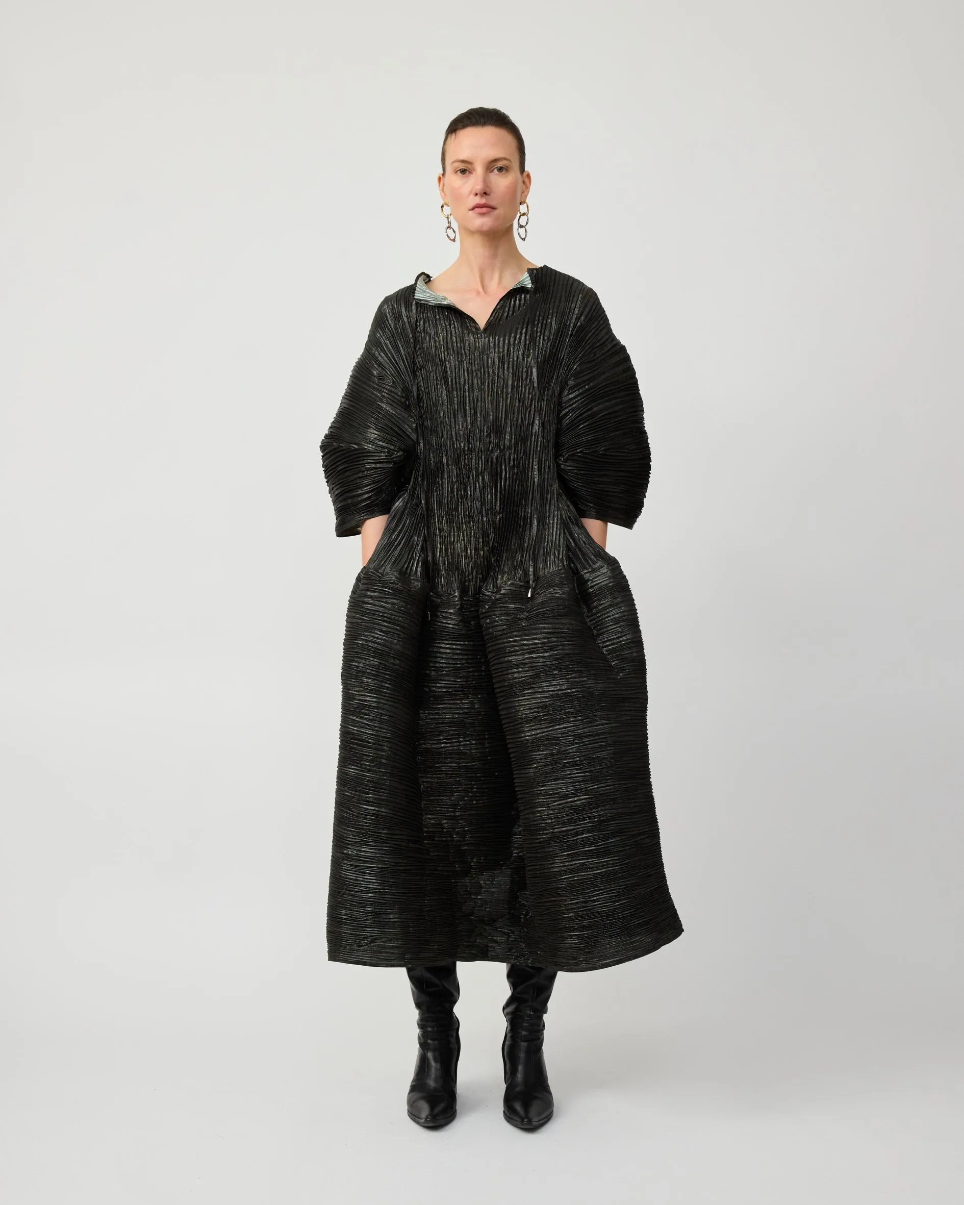PAX HANDPLEATED DRESS IN MOSS METALLIC sold by Julia Heuer