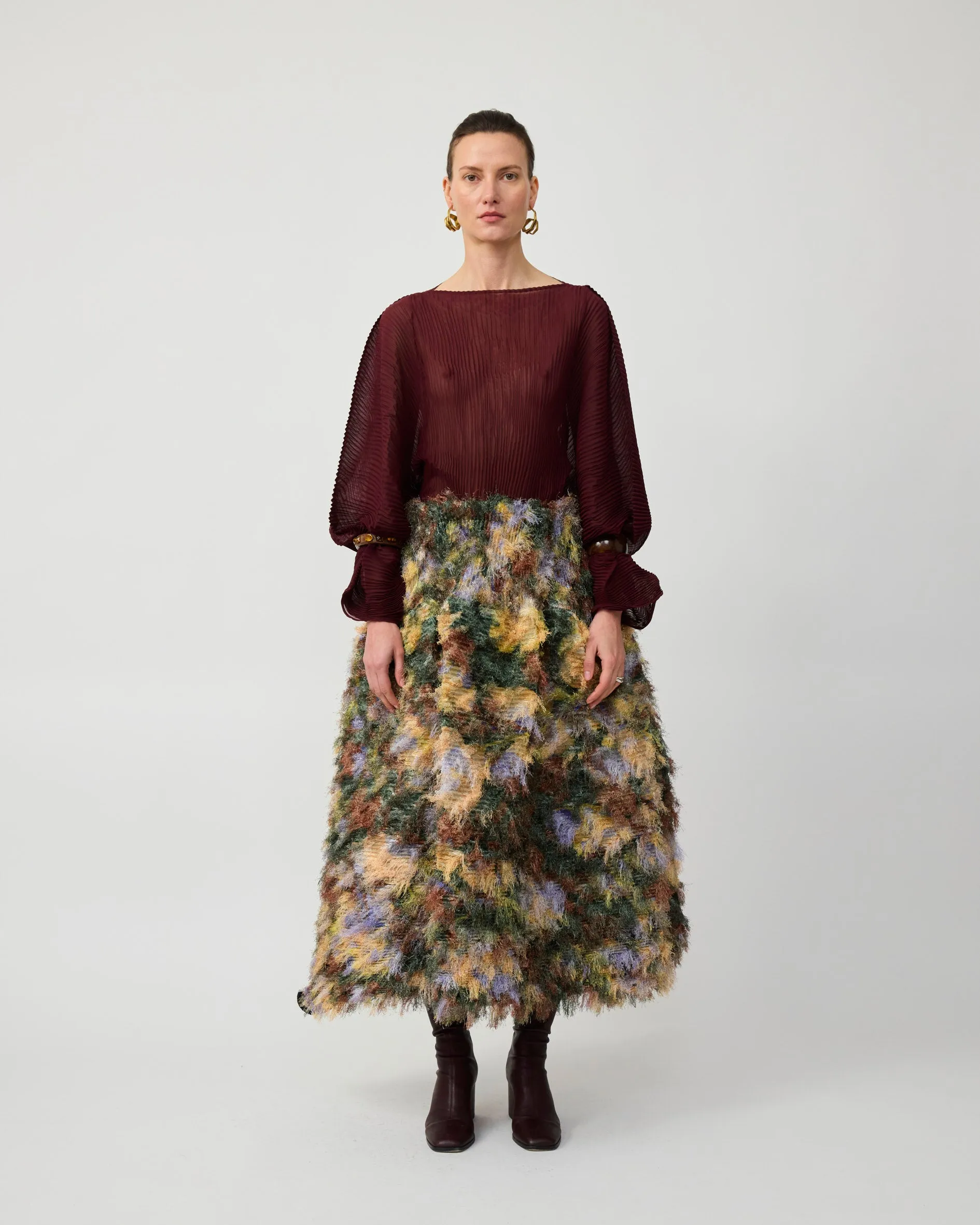 KENZA PLEATED FURRY SKIRT IN AMBER INGRID sold by Julia Heuer