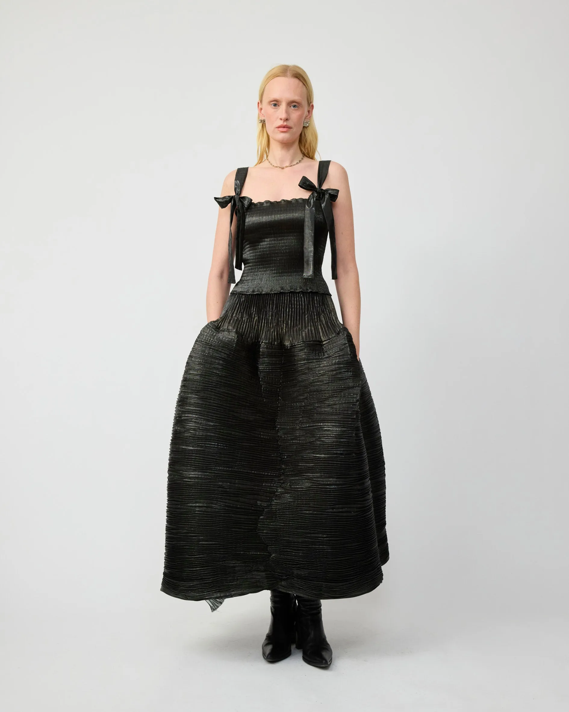 KENZA HANDPLEATED SKIRT IN MOSS METALLIC - COUTURE LENGTH sold by Julia Heuer
