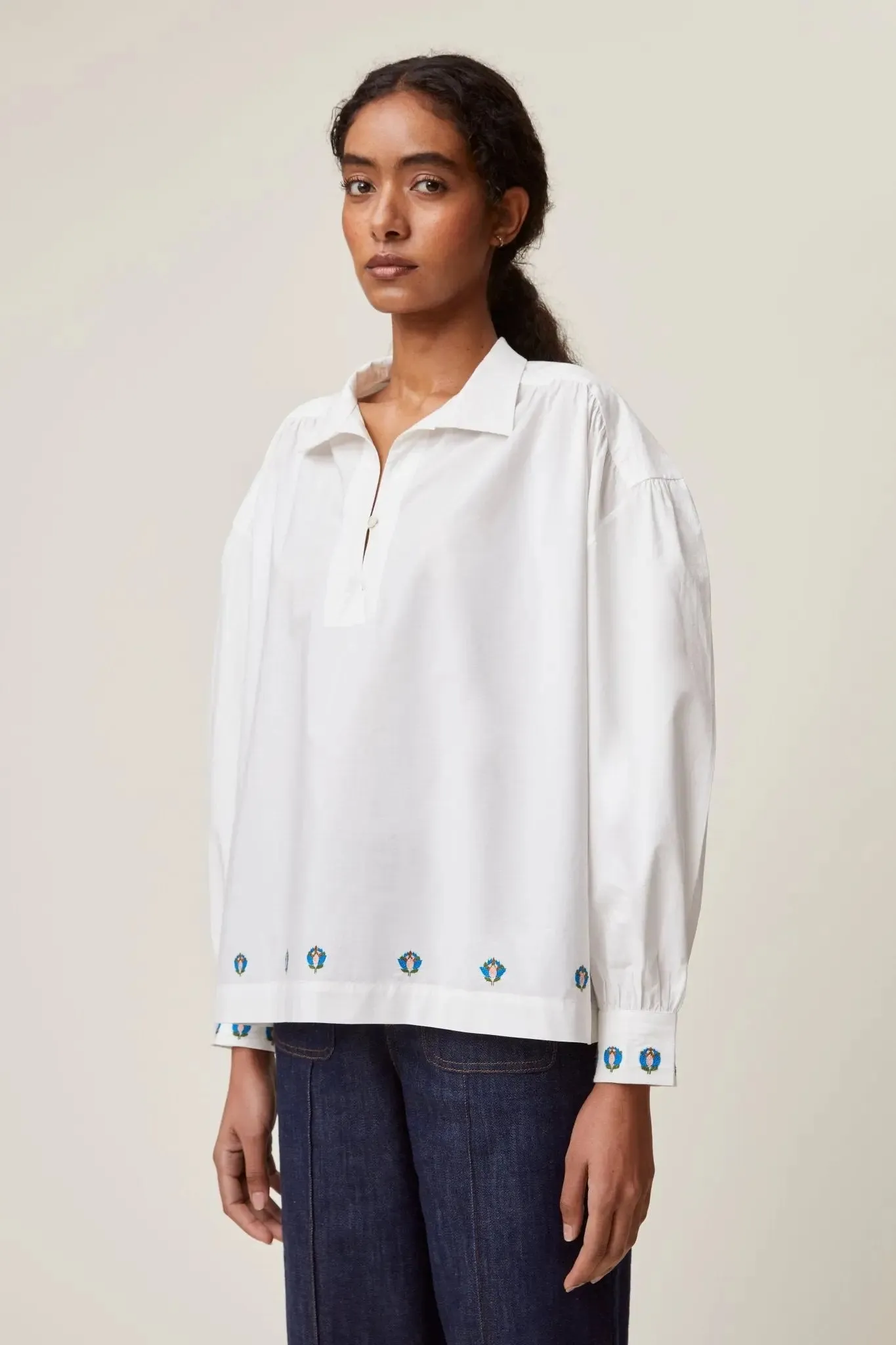 Chemise Malou N°731 Popeline White - Flower embroidery sold by Moismont