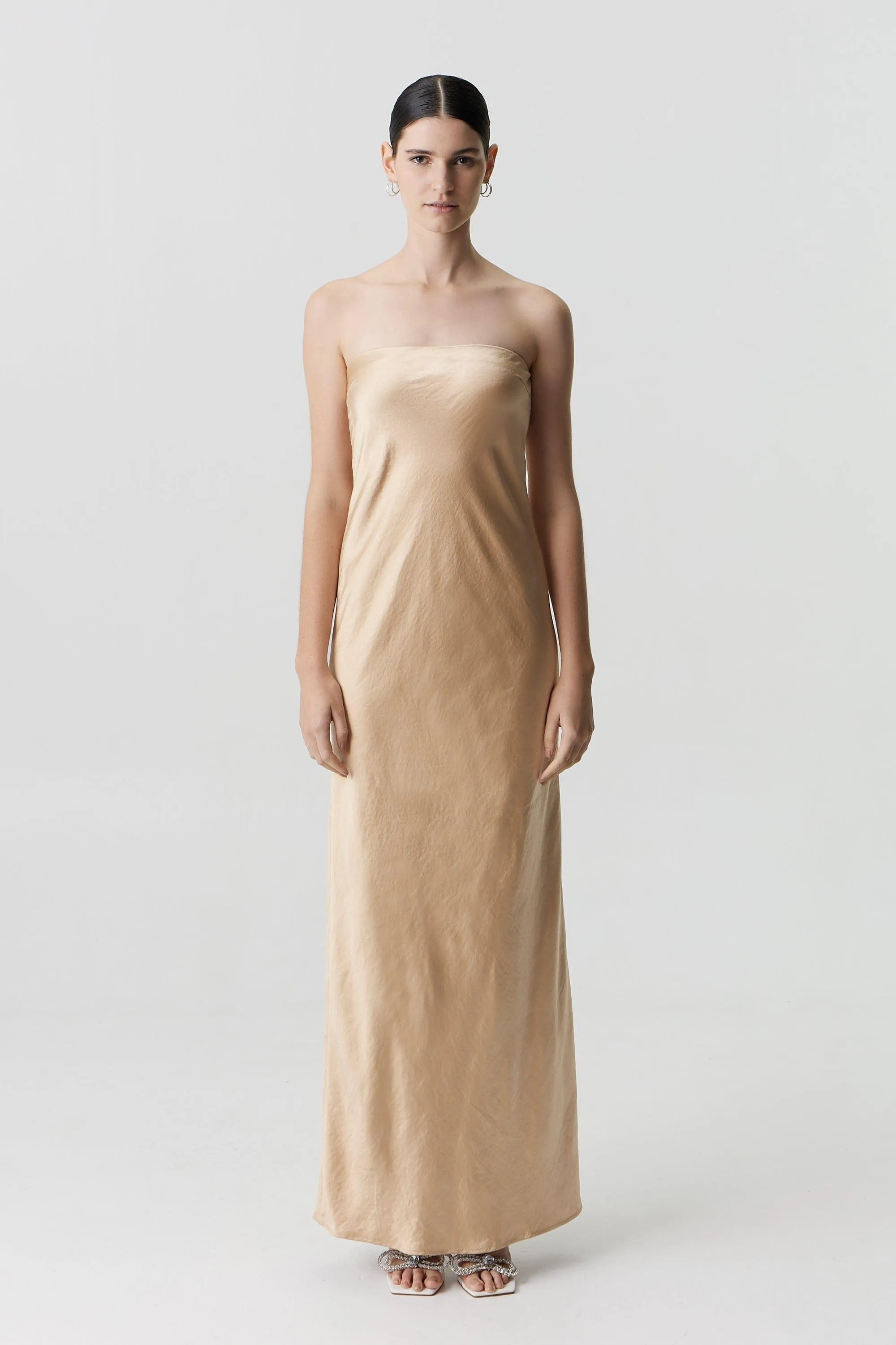 SATIN TIE BACK STRAPLESS MAXI | SAND sold by Third Form