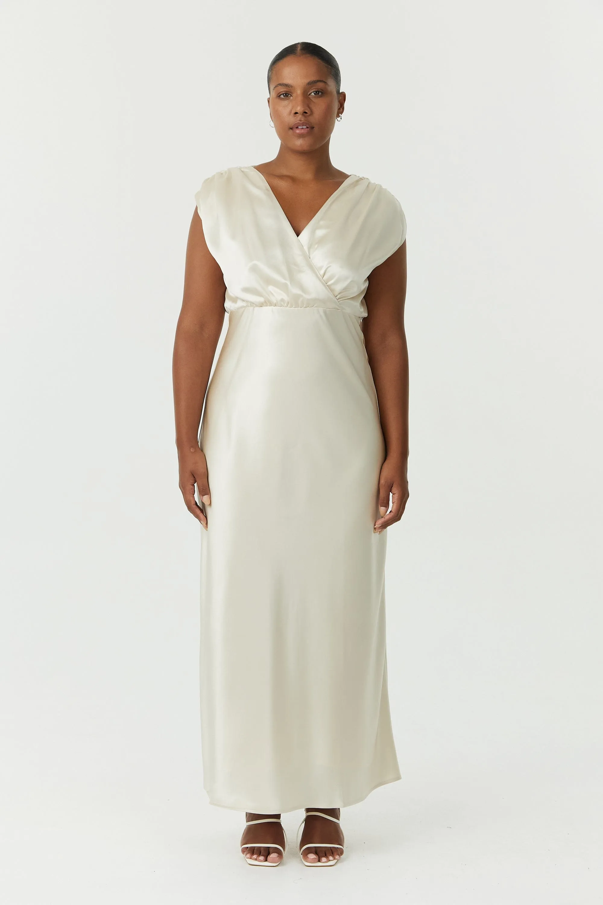SATIN CROSS OVER GATHER DRESS | BUTTERCREAM sold by Third Form