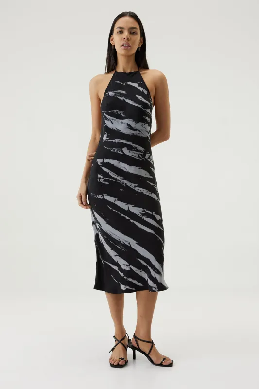TWIST THROUGH BIAS HALTER MIDI | BLACK TIE DYE made by Third Form