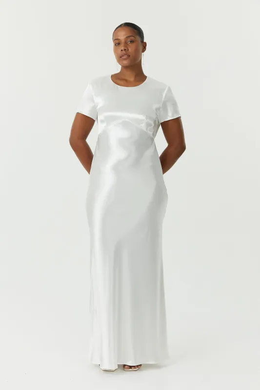 SATIN BIAS MAXI TEE DRESS | POWDER WHITE made by Third Form