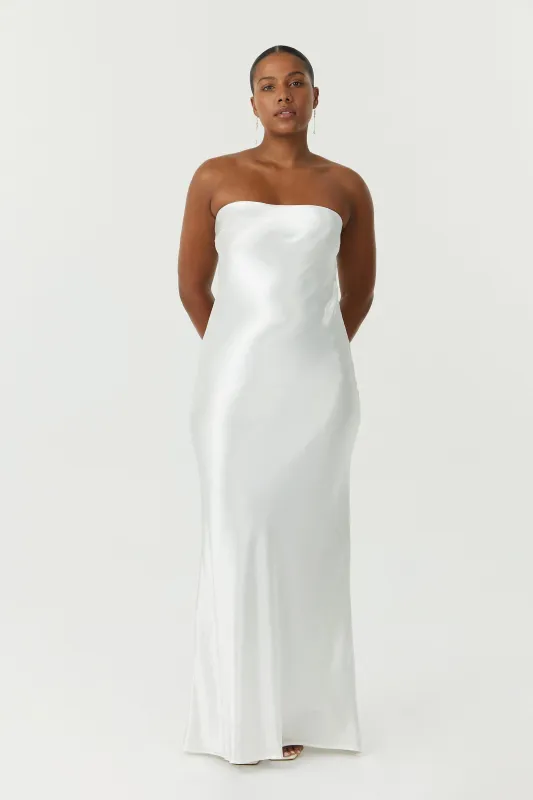SATIN TIE BACK STRAPLESS MAXI | POWDER WHITE made by Third Form